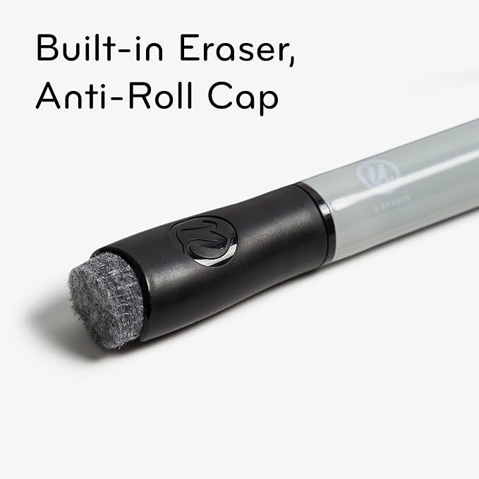 U Brands Bold Tip Liquid Glass Whiteboard Markers with Eraser for Glass Boards, Dry Erase Boards, and Chalk Boards, Black, Set of 12