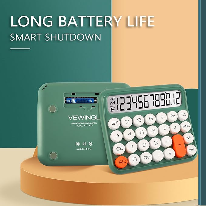 VEWINGL Mechanical Switch Calculator, 12 Digit Large LCD Display and Buttons, Great for Everyday Life and Basic Office Work, with Battery