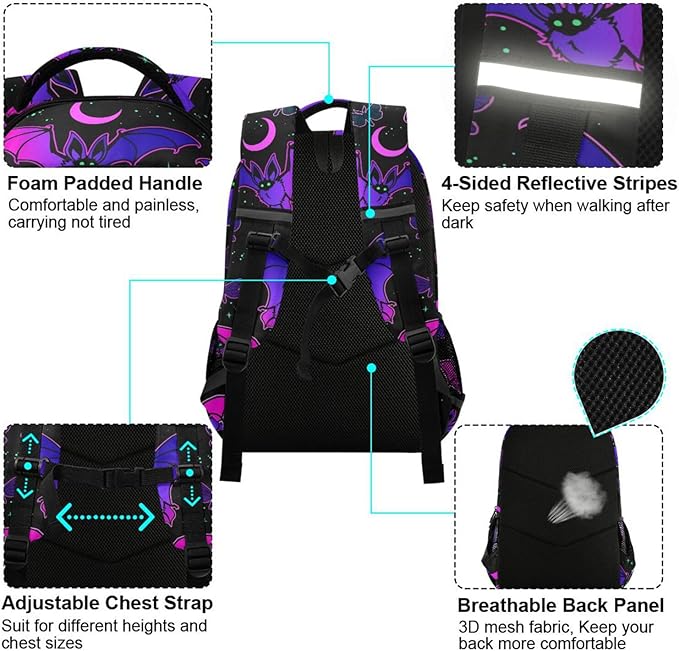 Bat Backpack for Students Boys Girls Purple Bat Gothic School Bag Travel Daypack Rucksack