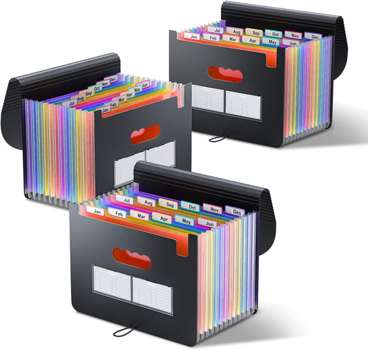 ThinkTex Accordion File Organizer, 12 Pockets Monthly Bill Receipt Organizer, Portable Expanding File Folders, Multi-Color Tabs, Letter/A4 Size - 3 Packs