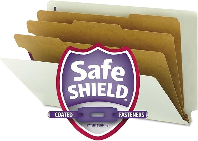 Smead 100% Recycled End Tab Pressboard Classification File Folder with SafeSHIELD Fasteners, 3 Dividers, 3" Expansion, Legal Size, Gray/Green, 10 per Box (29820)