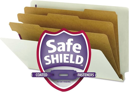 Smead 100% Recycled End Tab Pressboard Classification File Folder with SafeSHIELD Fasteners, 3 Dividers, 3" Expansion, Legal Size, Gray/Green, 10 per Box (29820)