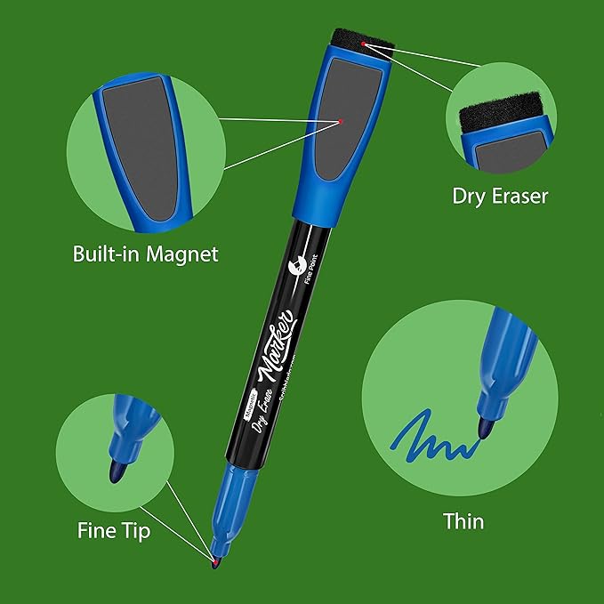 Scribbledo 4 Magnetic Dry Erase Markers Fine Tip Assorted Classic Colors Low Odor Whiteboard Markers with Eraser Cap Thin Skinny White Board Markers for Adults Students Teachers Art Home & School