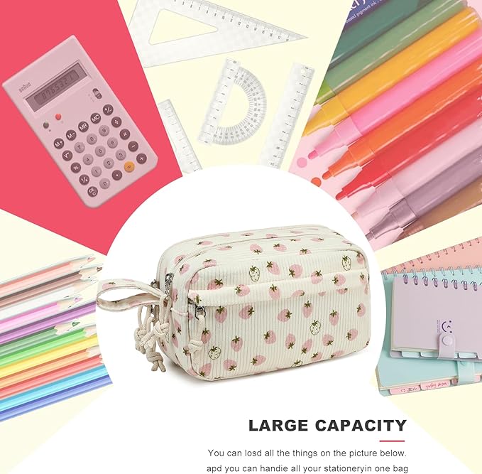 Bluboon Big Capacity Pencil Case Pencil Pouch Pen Case School Supplies Cute Pencil Box Pencil Bag for Teen Girls Boys Women Man (Strawberry Pink white)