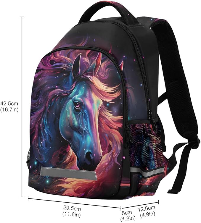 Horse Backpack for Students Boys Girls Glowing Purple Horse School Bag Travel Daypack Rucksack