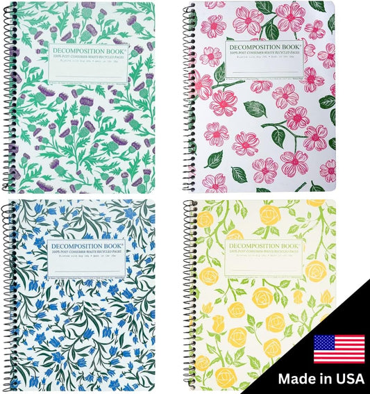 Decomposition 4-Pack Flowery Bouquet College Ruled Spiral Notebook - 9.75 x 7.5 Journal with 160 Lined Pages - 100% Recycled Paper - Cute Notebooks for School Supplies, Home & Office - Made in USA