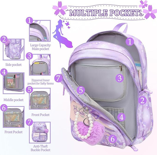 Lovely Girls Backpack School Bag for Students Kids Book Bag with Multiple Pockets Splash-proof Children's Backpack（17inch Purple）
