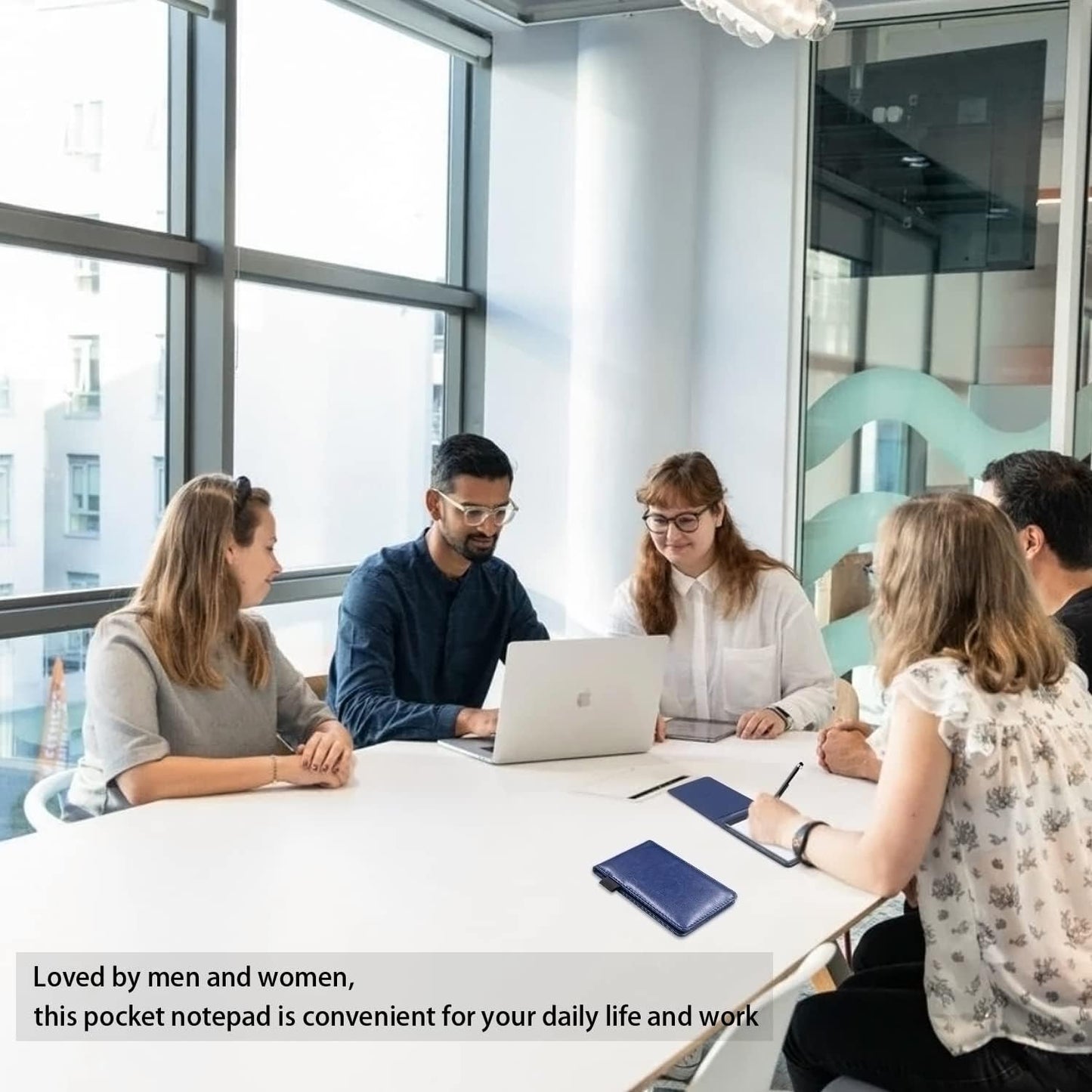 Xhwykzz 7 Pcs Small Pocket Notepad Holder Set with Pen, Mini Portable Leather Pocket Notebook for offices, schools, restaurants (Blue)