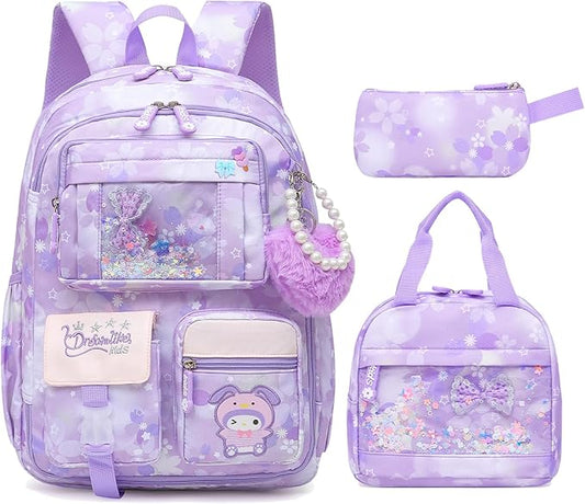 Lovely Girls Backpack School Bag for Students Kids Book Bag with Multiple Pockets Splash-proof Children's Backpack（17inch Set Purple）