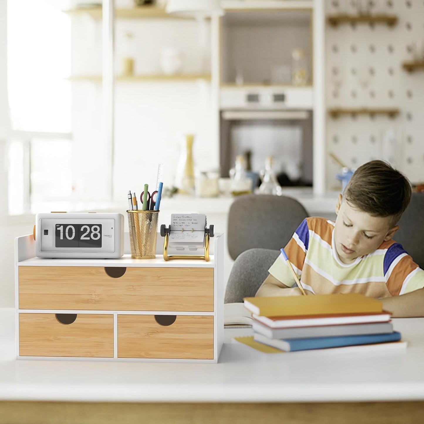 Wisuce Desk Organizer with Drawers - Bamboo Desktop Organizer Storage | White-Natural Wood Desk Drawers Organizer for Bills, Office Supplies, Cosmetics, Seals No Assembly Required