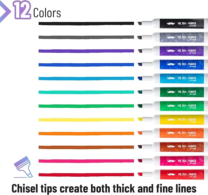 Mr. Pen- Dry Erase Markers Chisel Tip, Low Odor Chisel Tip Markers, 52 Pack, Assorted Colors, White Board Markers Dry Erase Pens