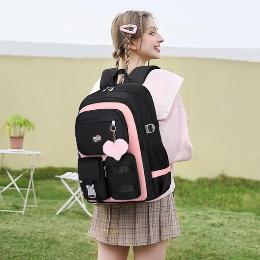 3PCS Girls Backpack For College Middle High School Student Teens Women Bookbag Waterproof Laptop Bag Black Pink