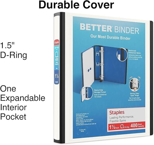 1-1/2 Inch Staples Better View Binders with D-Rings (White)