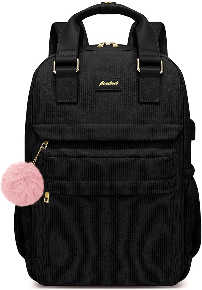 School Backpack for Girls Laptop Bookbag: Casual Corduroy Women Backpacks with USB Charging Port TSA Friendly Travel Back Pack with Anti-Theft Pockets Cute College Daypack for Teen Students Black