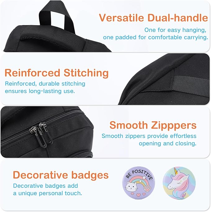 VASCHY Backpack for Girls, Cute School Bag Bookbag for Elementary Middle Schooler Teen Girls/Kids Travel with Clear Pin Pouch Black