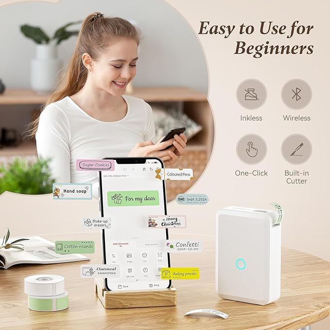 Label Maker D110 Bluetooth Thermal Label Maker Machine with Tape, Portable Inkless Label Printer Handheld & Rechargeable with Multiple Templates for Home Office, Compatible with iOS Android, White