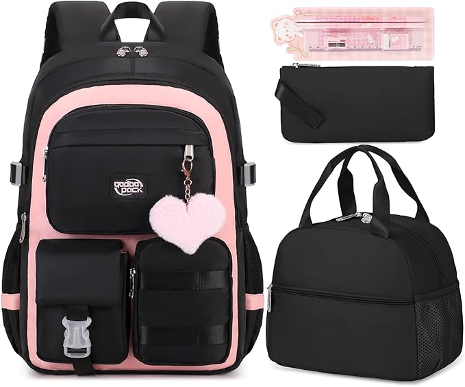 3PCS Girls Backpack For College Middle High School Student Teens Women Bookbag Waterproof Laptop Bag Black Pink