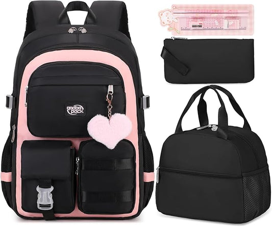 3PCS Girls Backpack For College Middle High School Student Teens Women Bookbag Waterproof Laptop Bag Black Pink