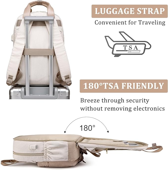 School Backpack for Girls Laptop Bookbag: Casual Corduroy Women Backpacks with USB Charging Port TSA Friendly Travel Back Pack with Anti-Theft Pocket Cute College Daypack for Teen Students Khaki Beige