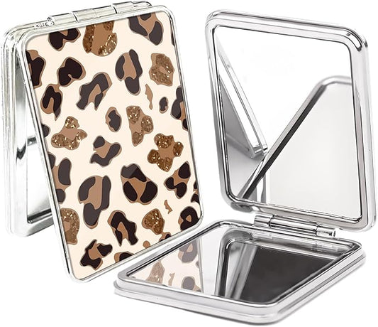 Compact Pocket Mirror, Cute Travel Mini Mirror with Magnification, Foldable Double-Sided Portable Cosmetic Mirror for Men, Women White Brown Leopard