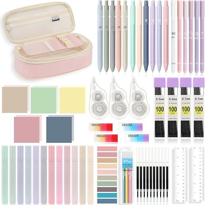 MoKo 60Pcs Aesthetic School Supplies with Cute Pencil Case,12 Pastel Highlighters,5 Black Ink Gel Pens,6 Mechanical Pencil Set 0.5 & 0.7 mm for Students Stationary College Essentials