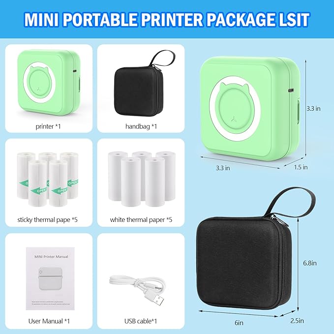 Green Mini Pocket Printer with Black Case, Thermal Printers with 10 Rolls Thermal Paper, Portable Photo Printer for Travelling, Journal, Memo, Photo, Study Notes, Shopping Lists