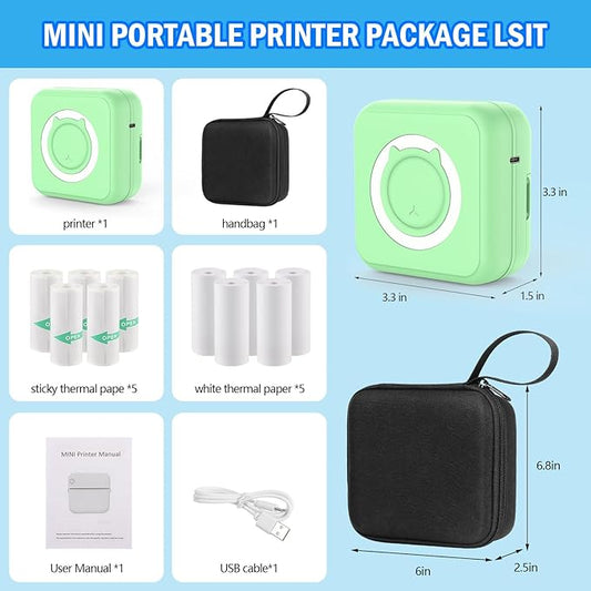 Green Mini Pocket Printer with Black Case, Thermal Printers with 10 Rolls Thermal Paper, Portable Photo Printer for Travelling, Journal, Memo, Photo, Study Notes, Shopping Lists