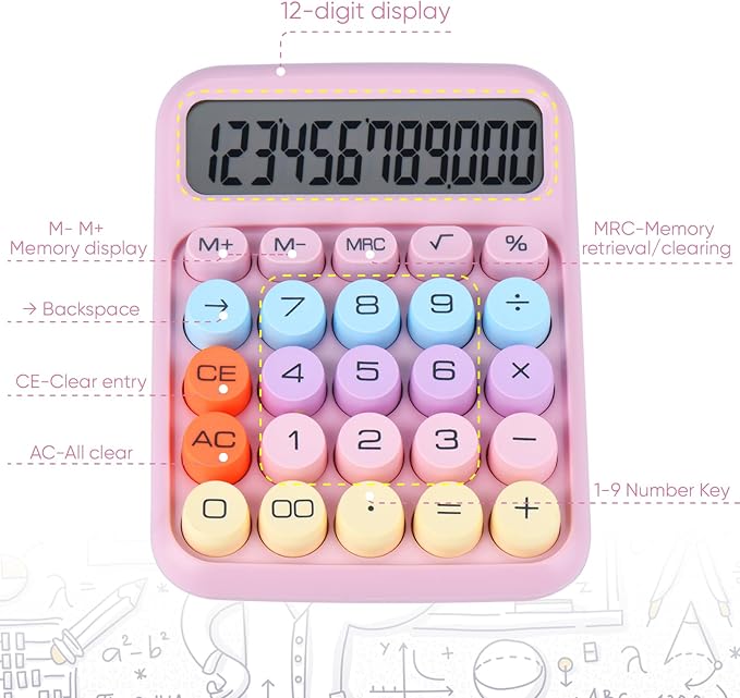 Mechanical Pushbutton Calculator,12 Digit Large LCD Display,Big Buttons Easy to Press,Colorful Candy Calculator,Automatic Sleep,with Battery.for Office,School, Home. (Pink)