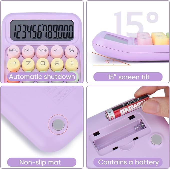 Mechanical Pushbutton Calculator,12 Digit Large LCD Display,Big Buttons Easy to Press,Colorful Candy Calculator,Automatic Sleep,with Battery.for Office,School, Home. (Purple)