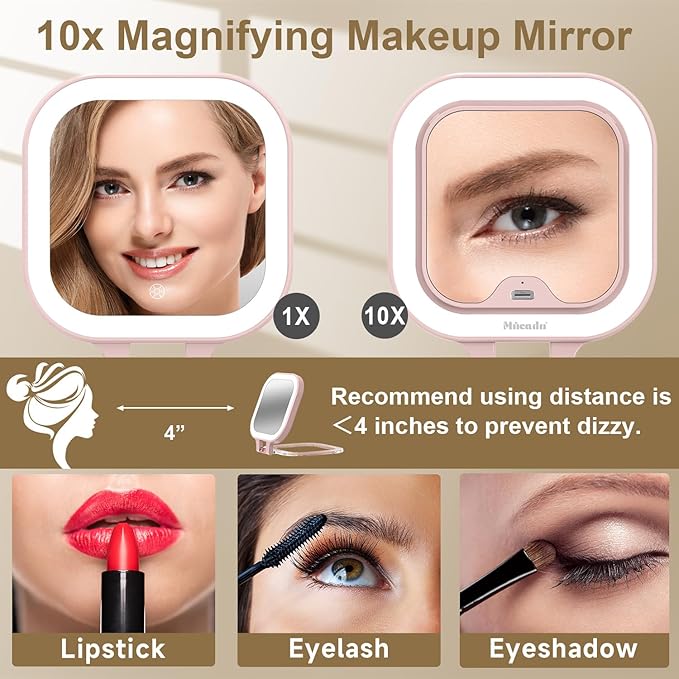 Mocado Compact Travel Makeup Mirror, 1X/10X Magnifying Mirror with Light, Double Sides Compact Mirror with 3 Color Light, Dimmable Handheld Mirror, Rechargeable Travel for Purse,Pocket(Pink)