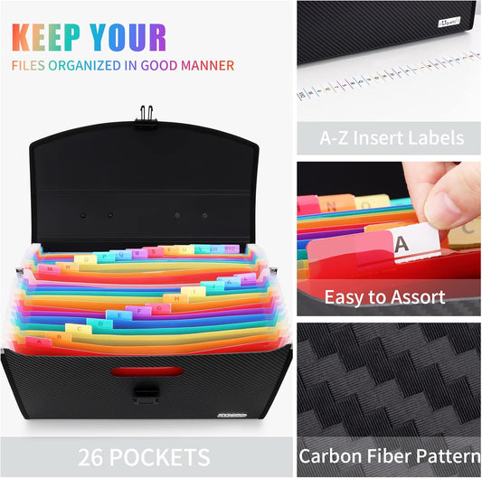 Uquelic 26 Pockets Expanding File Folder - Accordion Savor Document Organizer Folio Upgraded Durable Buckle, Base with Ergonomic Portable Handle/Large Legal Size Expandable File Organizer
