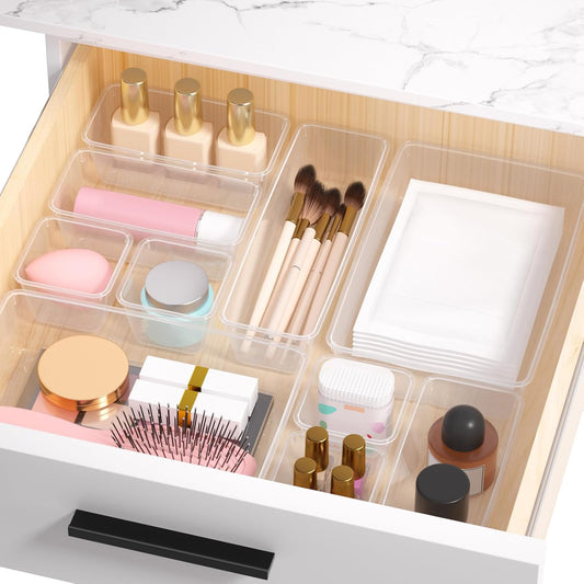 46 PCS Plastic Drawer Organizer Set, 4-Size Clear Bathroom and Vanity Desk Drawer Organizer Trays, Non-Slip Versatile Storage Divider Bins for Makeup Jewelry Bedroom Office Kitchen Gadgets