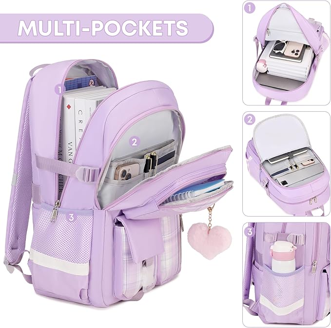 3PCS Backpack For School Women College Middle High Teen Girls Student Bookbag Waterproof Laptop Bag Plaid Purple