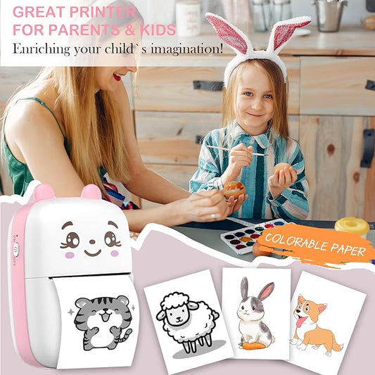 Mini Sticker Printer, Inkless Sticker Printer with 5 Rolls Pape, Bluetooth Smart Pocket Compatible with iOS & Android, Portable Thermal Printer for PicturesRetro-Style Photos(Pink)