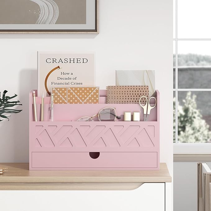 Wisuce Bamboo Mail Organizer Countertop Desktop with Drawer - All-in-One Desk File Organizer with Pencil Holder (Pink)