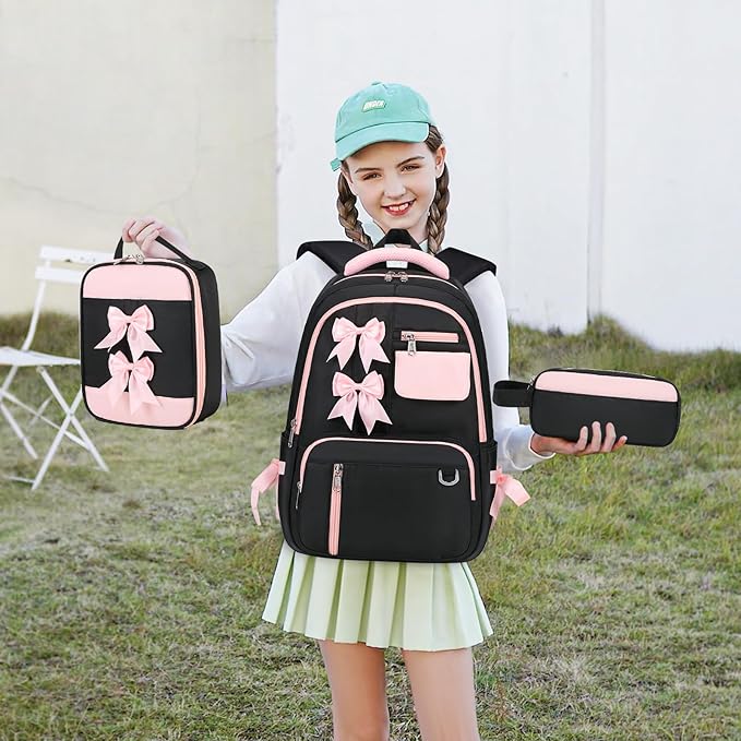 Bevalsa Backpack for Gilrs, Cute School Bags for Kids with Lunch Bag & Pen Case, Bow Bookbag for Girls Children Teens for Elementary Middle High School Student, Back To School Gift (Black Pink)