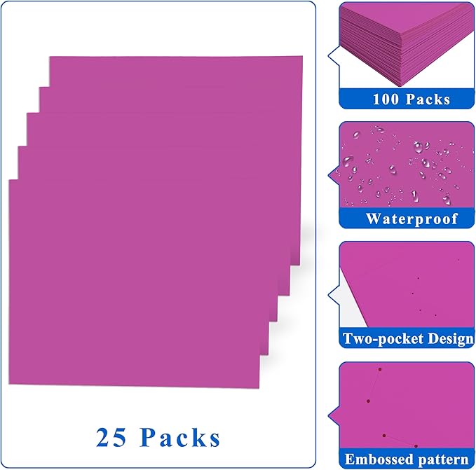 Zzrywuty 50 Packs Heavy Duty 2 Pocket Folders with Business Card Slot,Holds 100 Sheets Fits Letter Size File Folder Presentation Folder for School,Office,Home(Rose Purple)