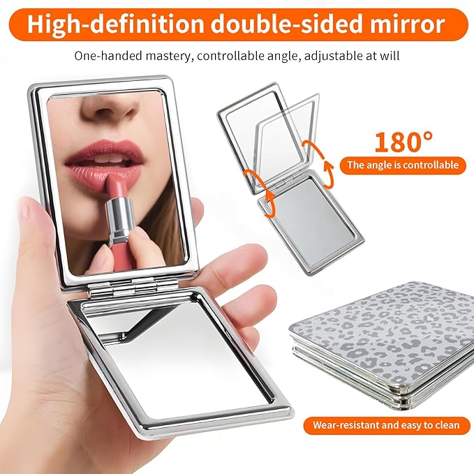 Compact Pocket Mirror, Cute Travel Mini Mirror with Magnification, Foldable Double-Sided Portable Cosmetic Mirror for Men, Women Grey Leopard