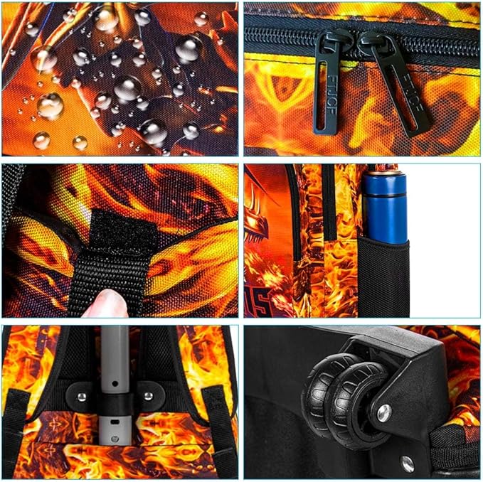 3Pcs Dragon Rolling Backpack for Boys, Kids School Backpacks with Wheels, Roller Bookbag with Lunch Box for Elementary Preschool(Orange)