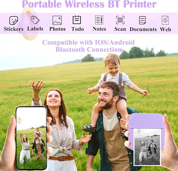 Mini Thermal Inkless Sticker Printer with 14 Rolls Paper, Compatible with iPhone/Android Phone/Tablet, Mini Pocket Printer for Photos/Stickers/Labels/Notes, Purple