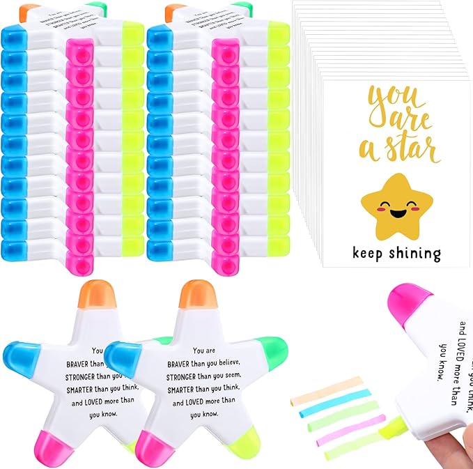 24 Sets Back to School Gifts for Students Star Highlighters with You're a Star Cards Gift Bags 5 in 1 Fluorescent Pens Affirmation Gifts for First Day of School Party Favor (Stronger)
