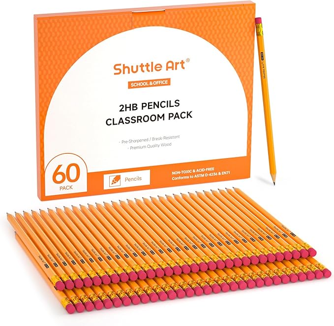Shuttle Art 60 Pack Pencils, #2 HB, Pre-sharpened Pencils with Top Erasers, Premium Woodcased Yellow Pencil Bulk for Classroom & School Supplies, Writing and Drawing