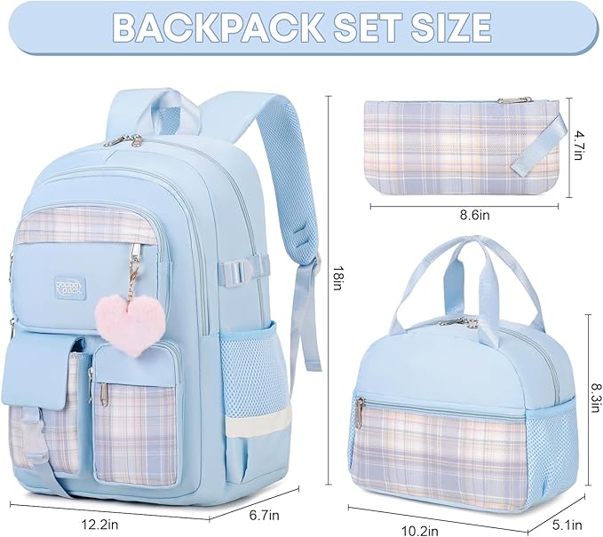 3PCS School Backpack For Student Women College Middle High Teen Girls Bookbag Waterproof Laptop Bag Plaid Blue
