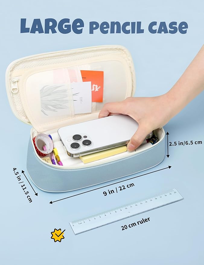 SUNEE Large Pencil Case, Cute Pen Pouch, Aesthetic Zipper Stationery Bag Large Capacity Kawaii Pen Organizer, Blue, Bag Organiser