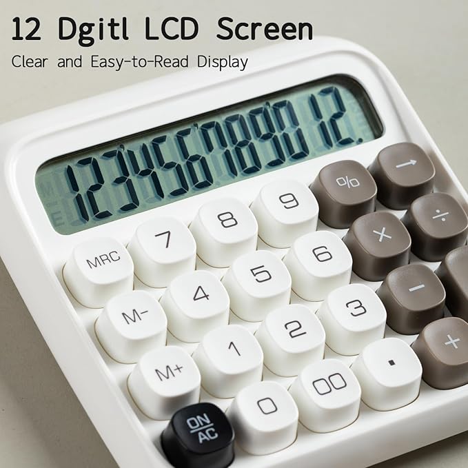 Deli Mechanical Switch Calculator 12 Digit, Large LCD Display Calculators Desktop with Big Buttons, Cute Calculator for Teachers Students Basic Office, White
