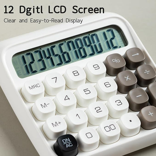 Deli Mechanical Switch Calculator 12 Digit, Large LCD Display Calculators Desktop with Big Buttons, Cute Calculator for Teachers Students Basic Office, White