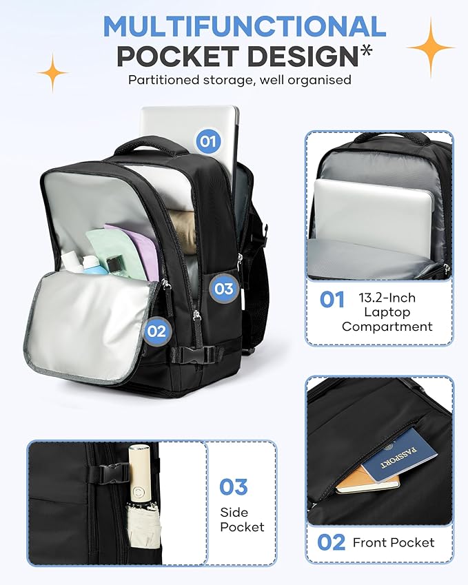 coofay Black Travel Backpack Carry on Flight Approved Mochila De Viaje Personal Item Backpack for Airlines Frontier Airlines Personal Item Bag Large Backpack for Travel Backpacks for Men Women