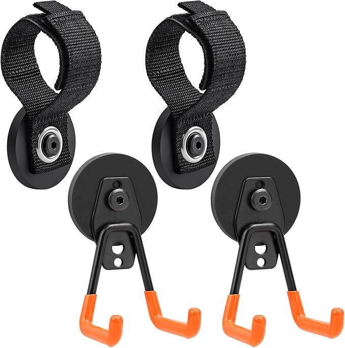 Homde Heavy Duty Magnetic Hook, 2 Velcro Strap and 2 Magnet Holder Combine, 2.6 inch Strong Utility Garage Hanger for Workshop,Toolbox, Storage (2 Black + 2 Orange)