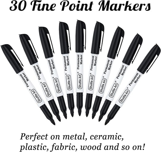 Shuttle Art Permanent Markers, 30 Pack Black Permanent Marker set,Fine Point, Works on Plastic,Wood,Stone,Metal and Glass for Doodling, Marking