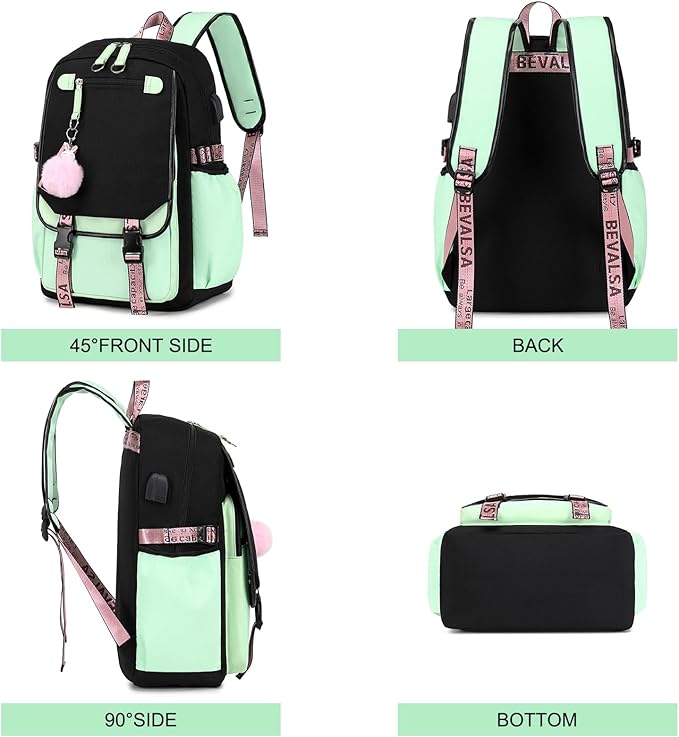 Bevalsa School Backpack for Girls, Backpack with Lunch Box & Pen Case, Bookbag for Girls Kids Elementary Middle High School Student 21L Children Schoolbag (Black Green)